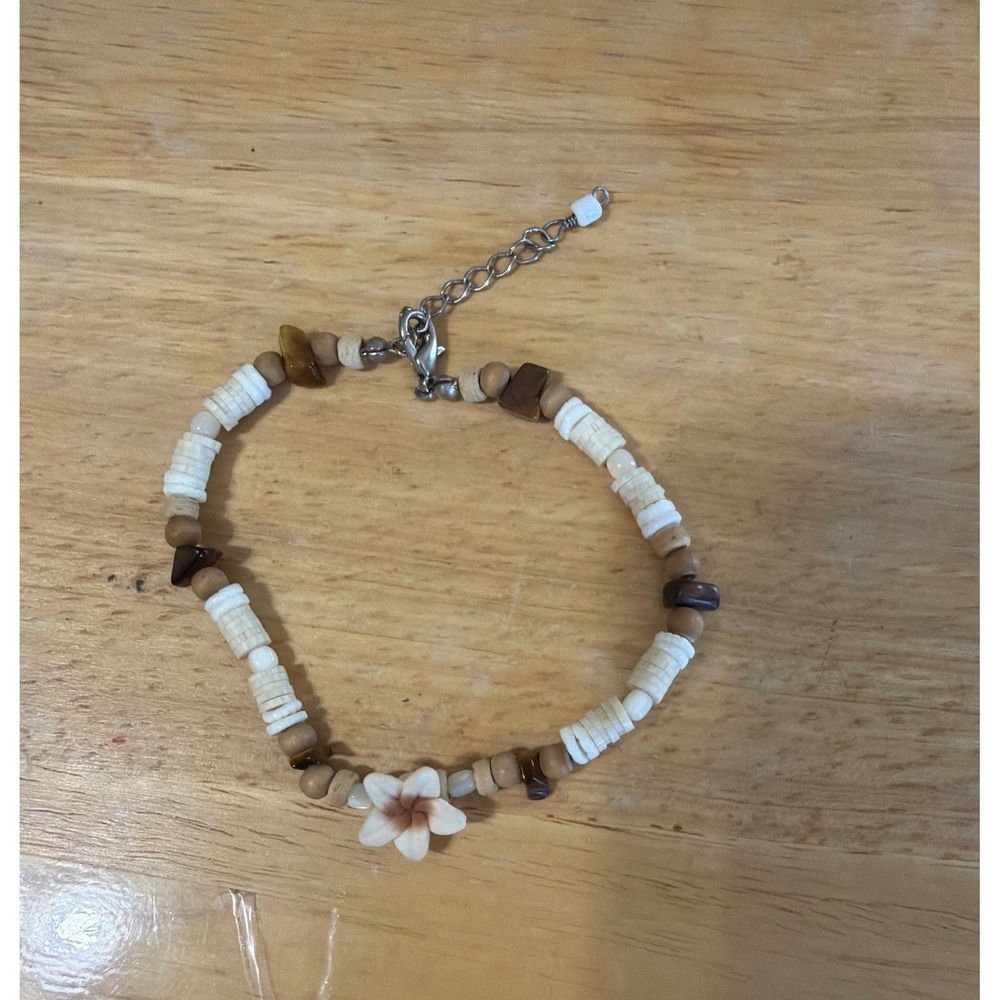 Tropical Plumeria Flower Beaded Anklet White Shell Wood Stone Boho Beachy